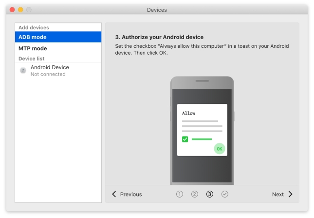 The short guide on how to connect Android to Mac with MacDroid in ADB mode is available from the app’s window.