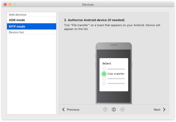 The short guide on how to connect Android to Mac with MacDroid in MTP mode is available from the app’s window.