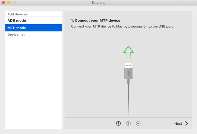 Verbinden Sie Ihr MTP-Gerät mit dem Mac, indem Sie es in den USB-Port stecken.