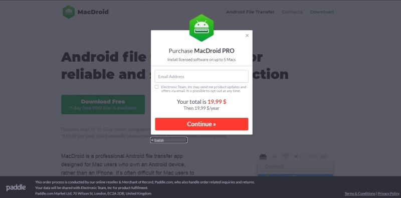 This will start checkout process for discounted MacDroid PRO license