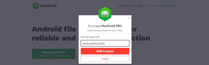 Insert MacDroid promocode to activate discount
