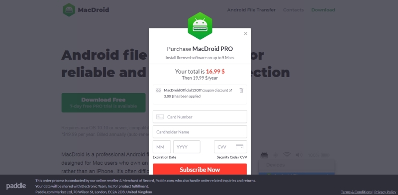 The final step is to make payment for MacDriod PRO at a reduced price