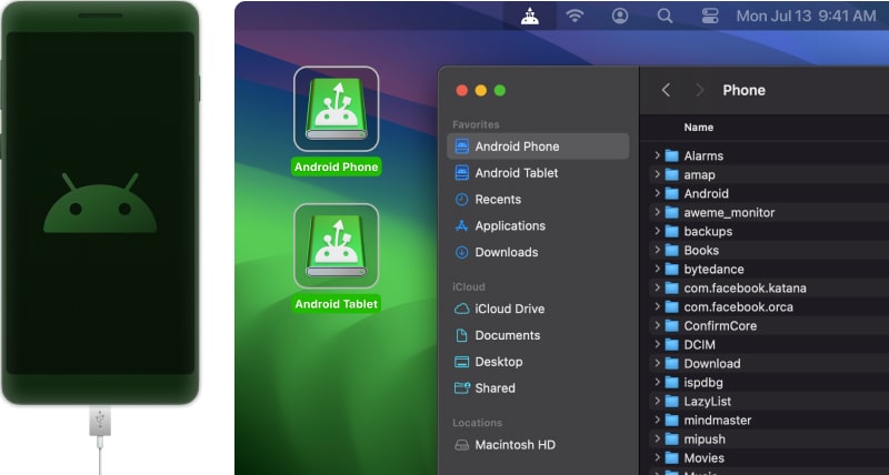 Connect Android to Mac computer via USB.