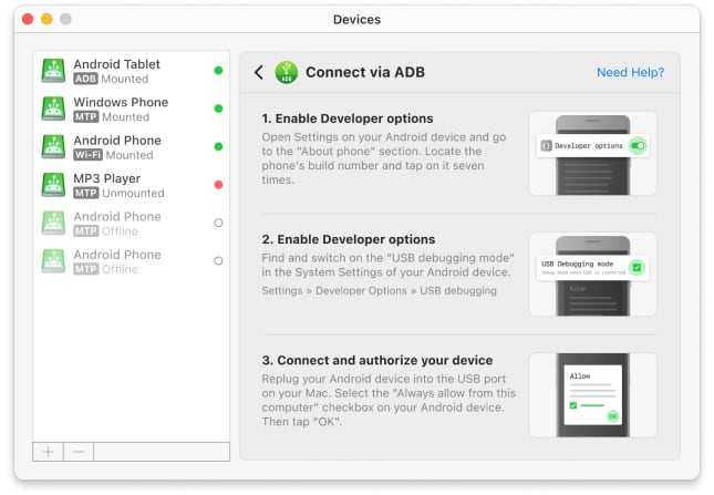 Si vous souhaitez utiliser le mode ADB avancé, il est très facile de basculer entre MTP et ADB dans l’interface de l’application.